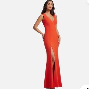 NWT DRESS THE POPULATION POPPY SANDRA PLUNGE CREPE SLIT GOWN MAXI DRESS🌹
